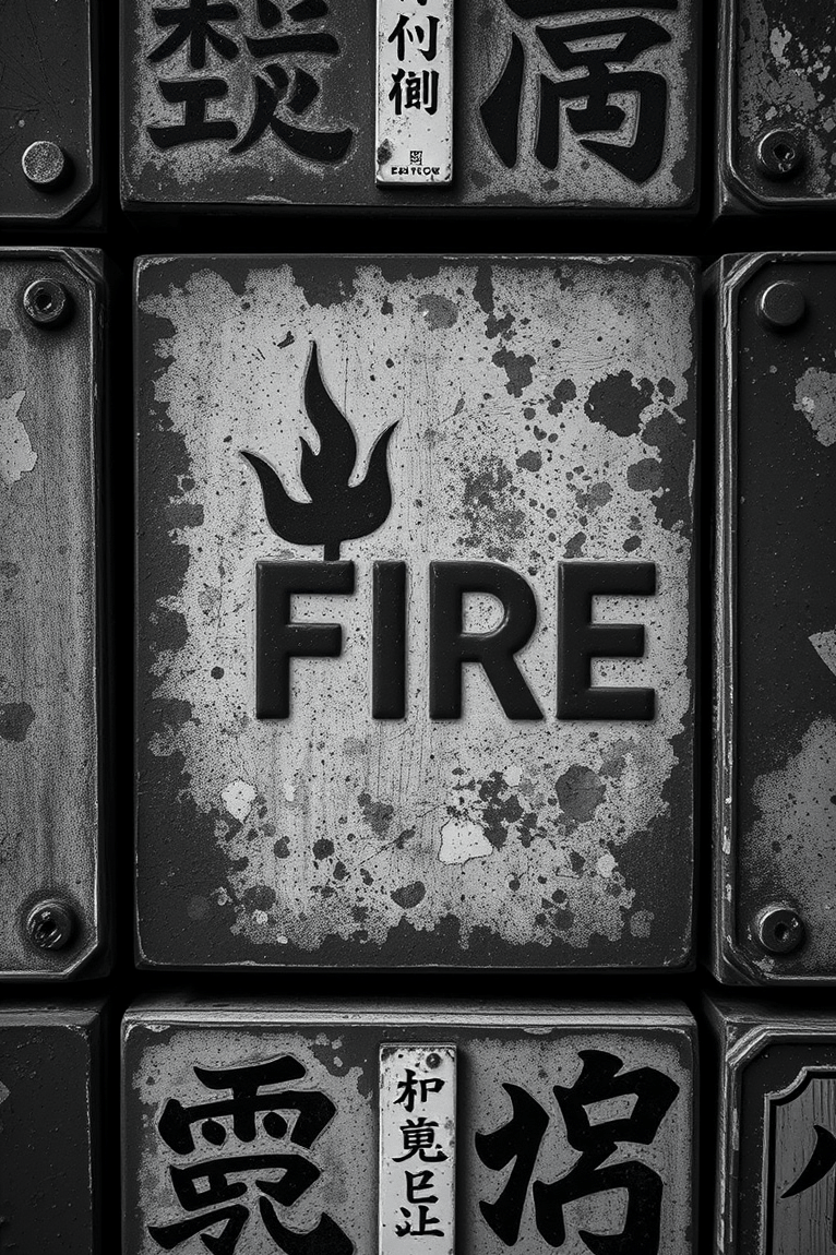 Weathered fire safety signage with wabi-sabi aesthetic